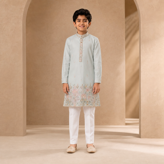 Boys Embroidered Kurta Set in Ice Blue - front view