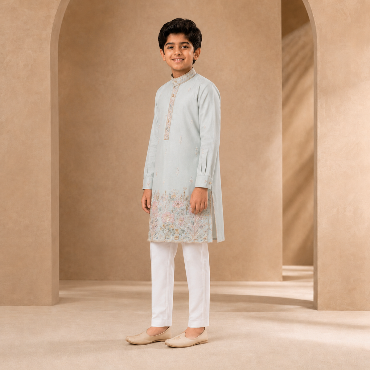 Boys Embroidered Kurta Set in Ice Blue - side view