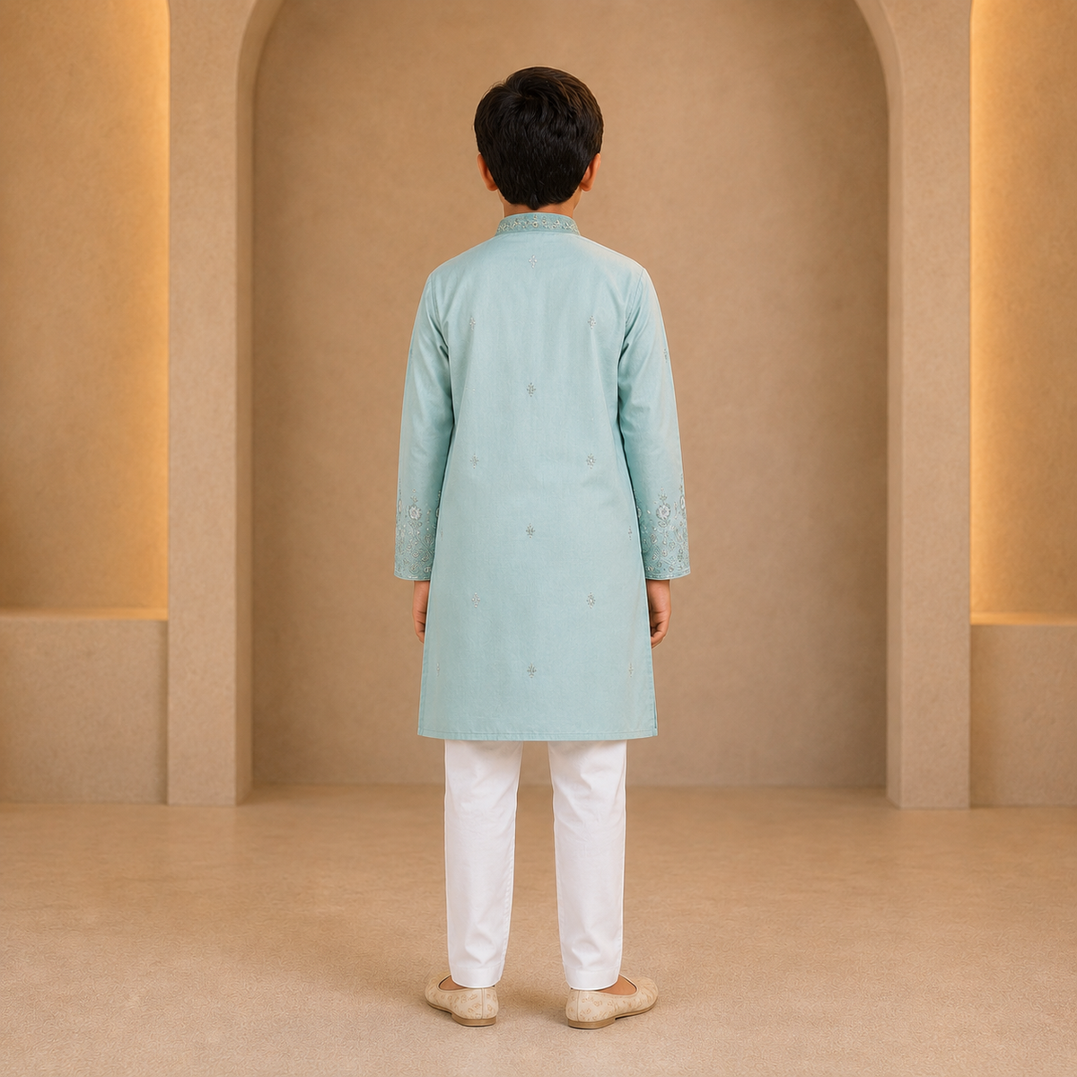 Boys Embroidered Kurta Set in Mint Green - back view