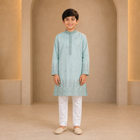 Boys Embroidered Kurta Set in Mint Green - front view