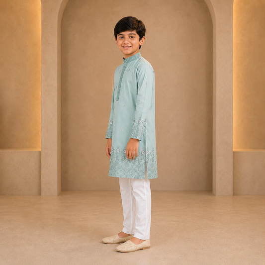 Boys Embroidered Kurta Set in Mint Green - side view