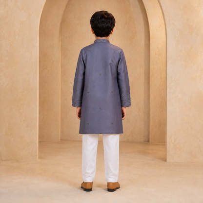 Boys Embroidered Kurta Set in Slate Grey - back view