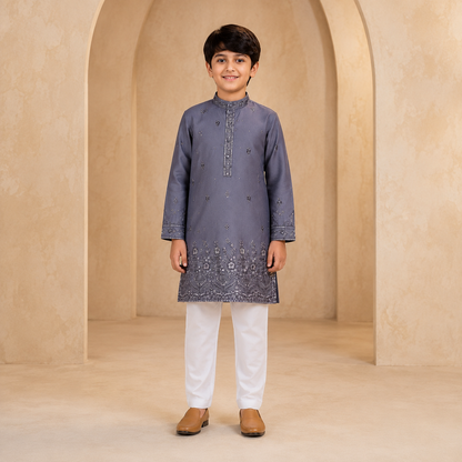 Boys Embroidered Kurta Set in Slate Grey - front view