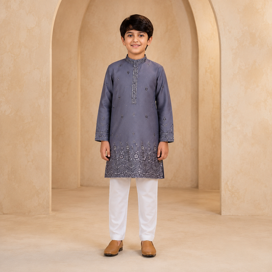 Boys Embroidered Kurta Set in Slate Grey - front view