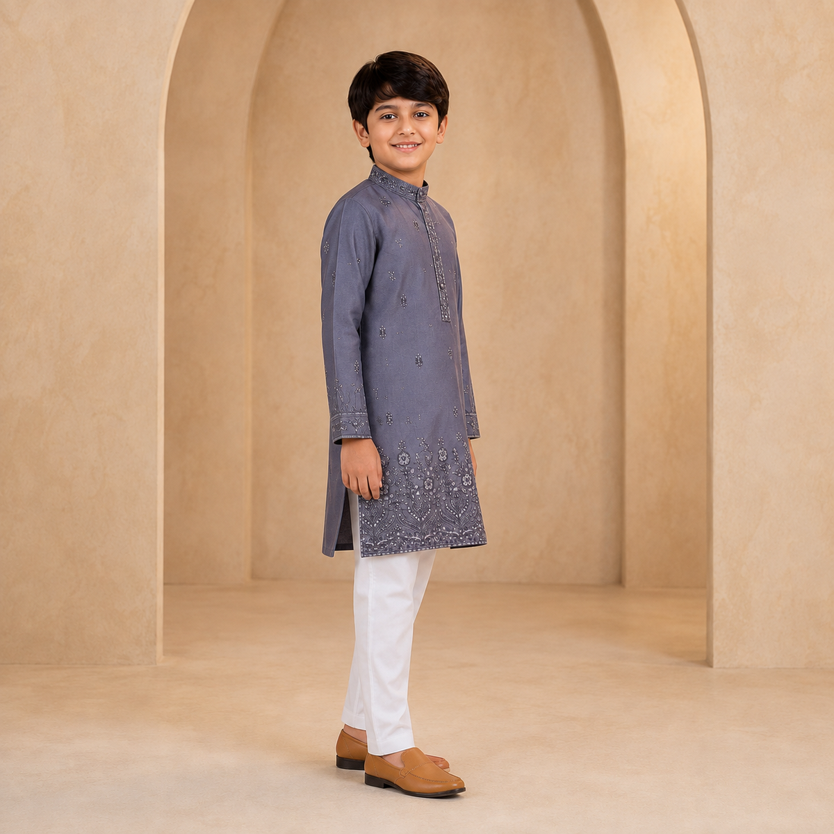 Boys Embroidered Kurta Set in Slate Grey - side view