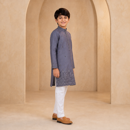 Boys Embroidered Kurta Set in Slate Grey - side view
