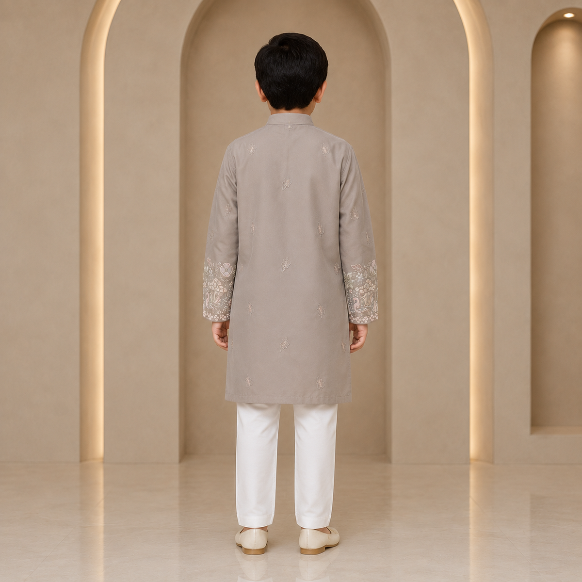 Boys Embroidered Kurta Set in Stone Grey - back view