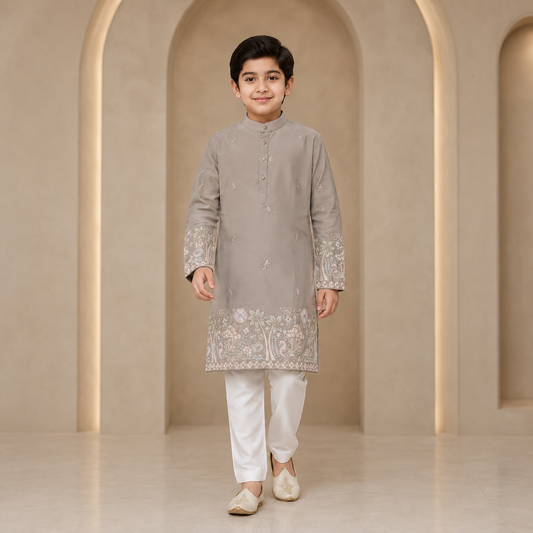 Boys Embroidered Kurta Set in Stone Grey - front view