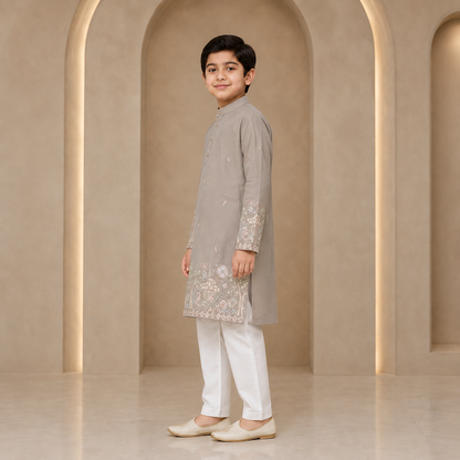 Boys Embroidered Kurta Set in Stone Grey - side view