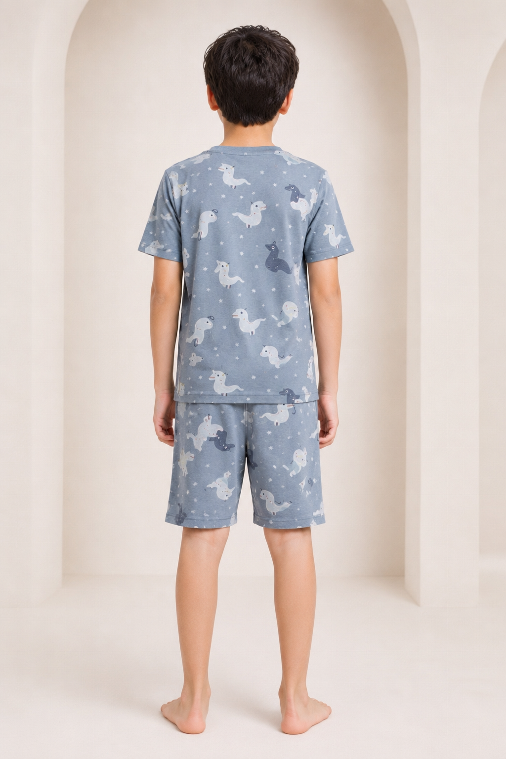 Boys firozi blue animal print short night suit back view