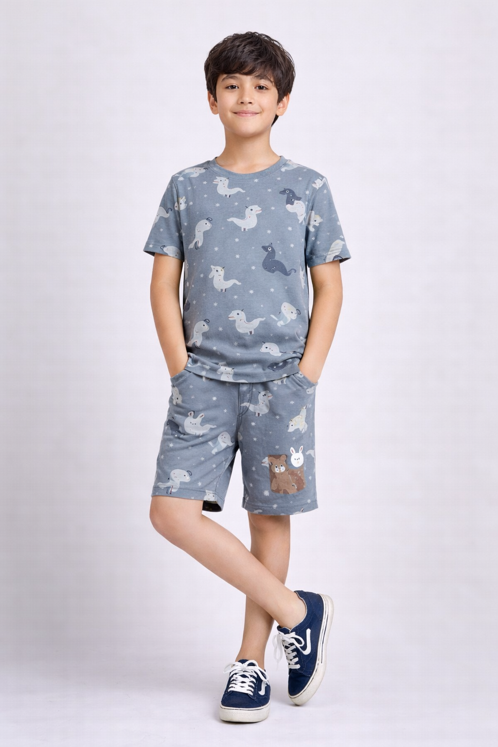 Boys firozi blue animal print short night suit front view