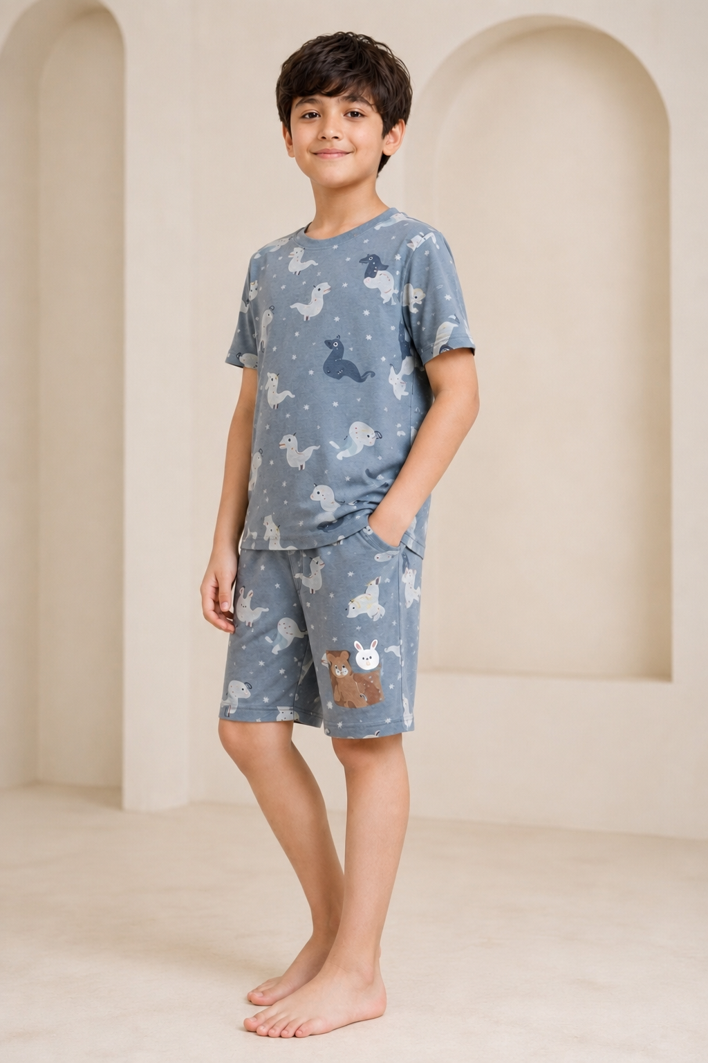 Boys firozi blue animal print short night suit side view