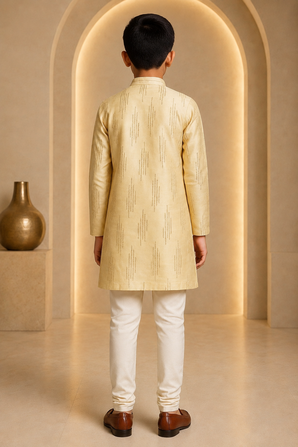 Boys golden elegance silk kurta pajama set – back view