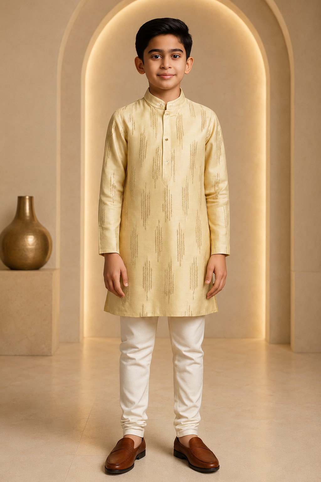 Boys golden elegance silk kurta pajama set – front view
