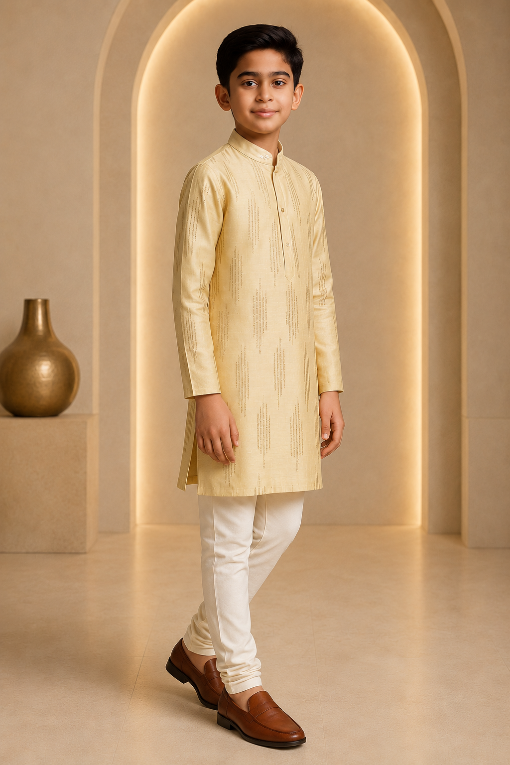 Boys golden elegance silk kurta pajama set – side view