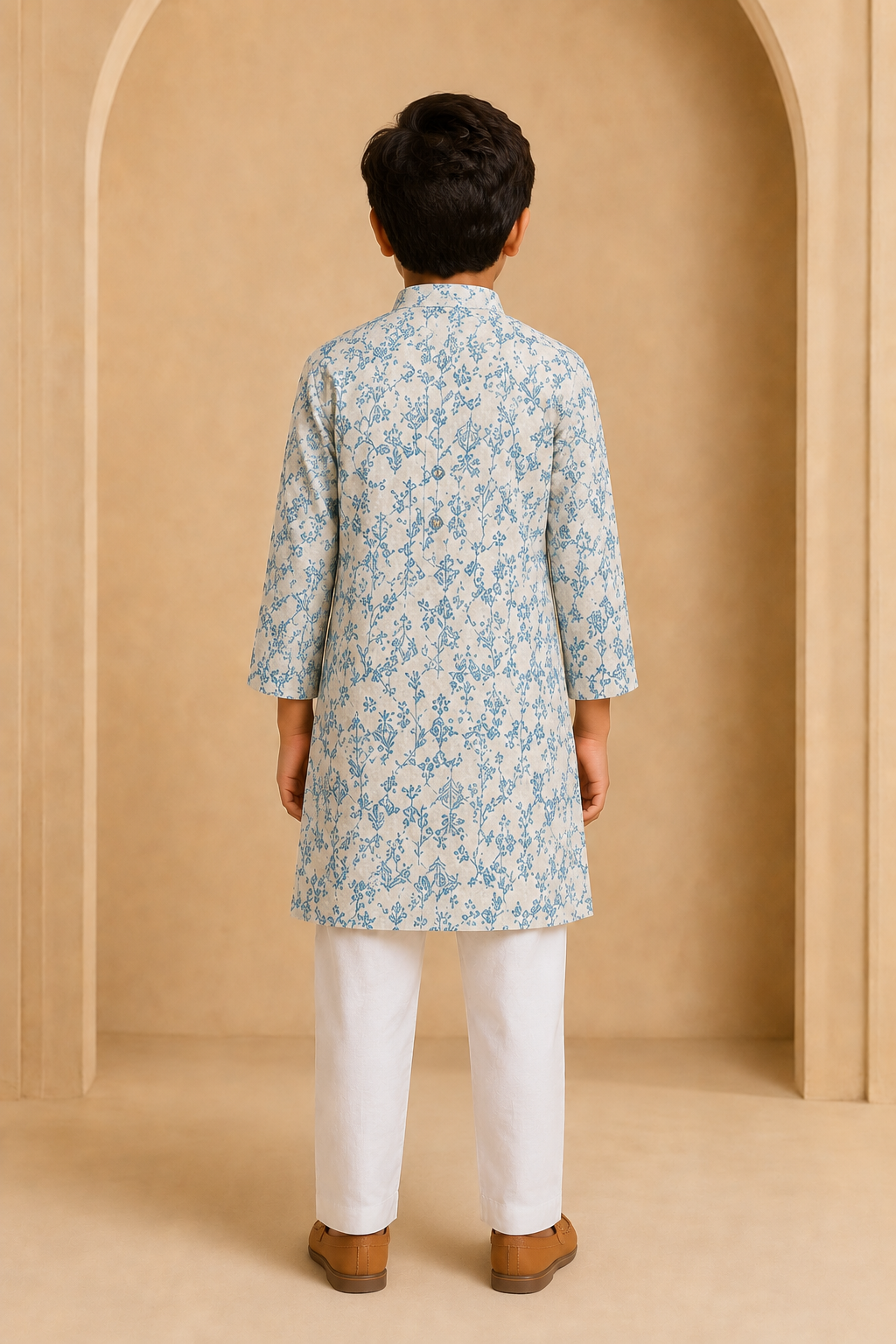 Boys Grey Blue botanical leaf print kurta pajama set – back view
