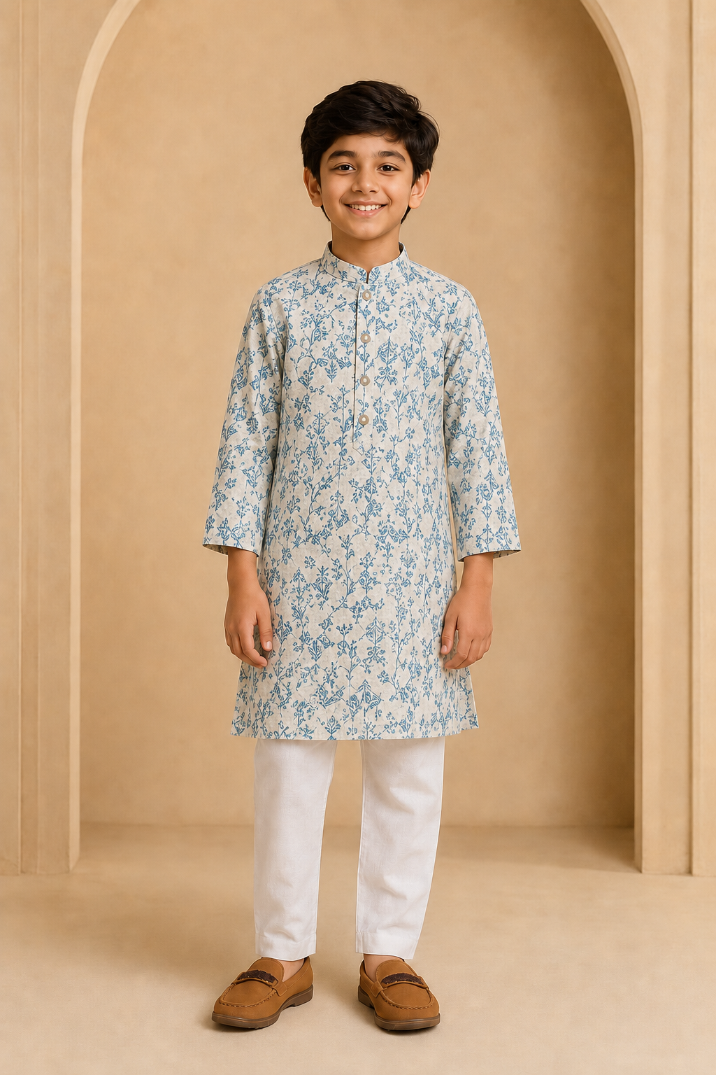 Boys Grey Blue botanical leaf print kurta pajama set – front view