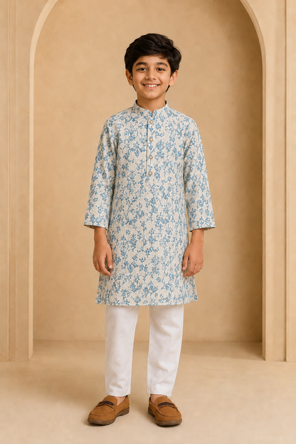 Boys Grey Blue botanical leaf print kurta pajama set – front view