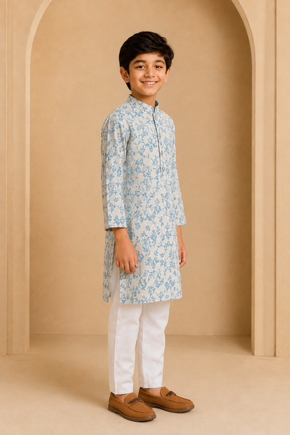 Boys Grey Blue botanical leaf print kurta pajama set – side view