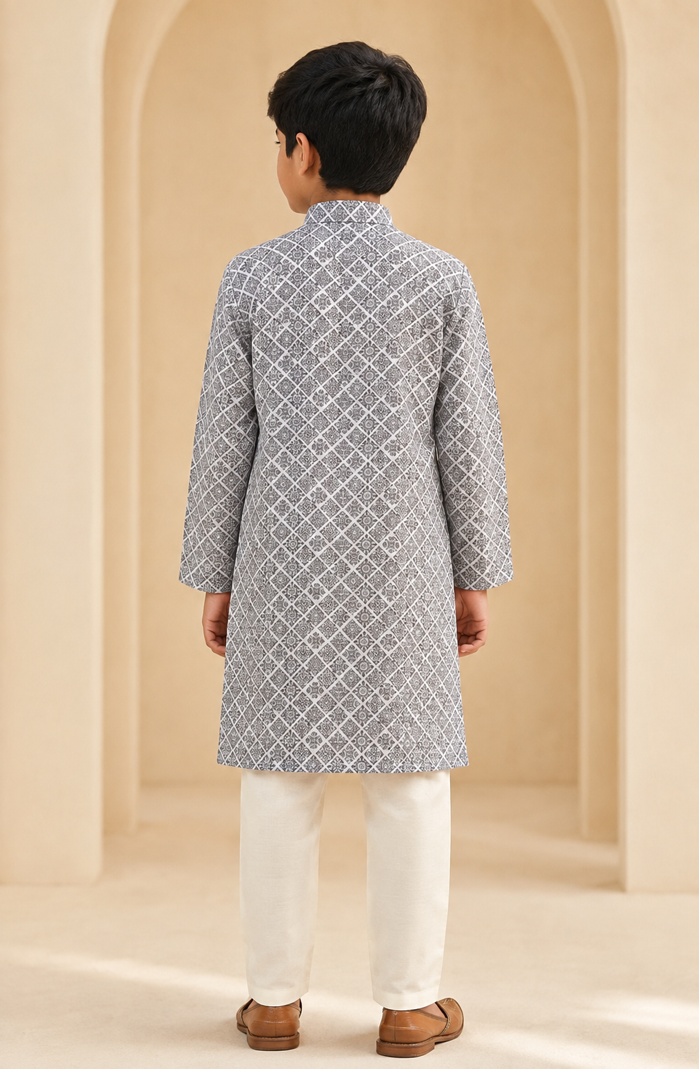 Boys Grey Diamond Geometric kurta set rear view