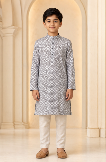 Boys Grey Diamond Geometric kurta set front view