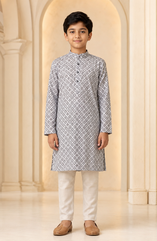Boys Grey Diamond Geometric kurta set front view