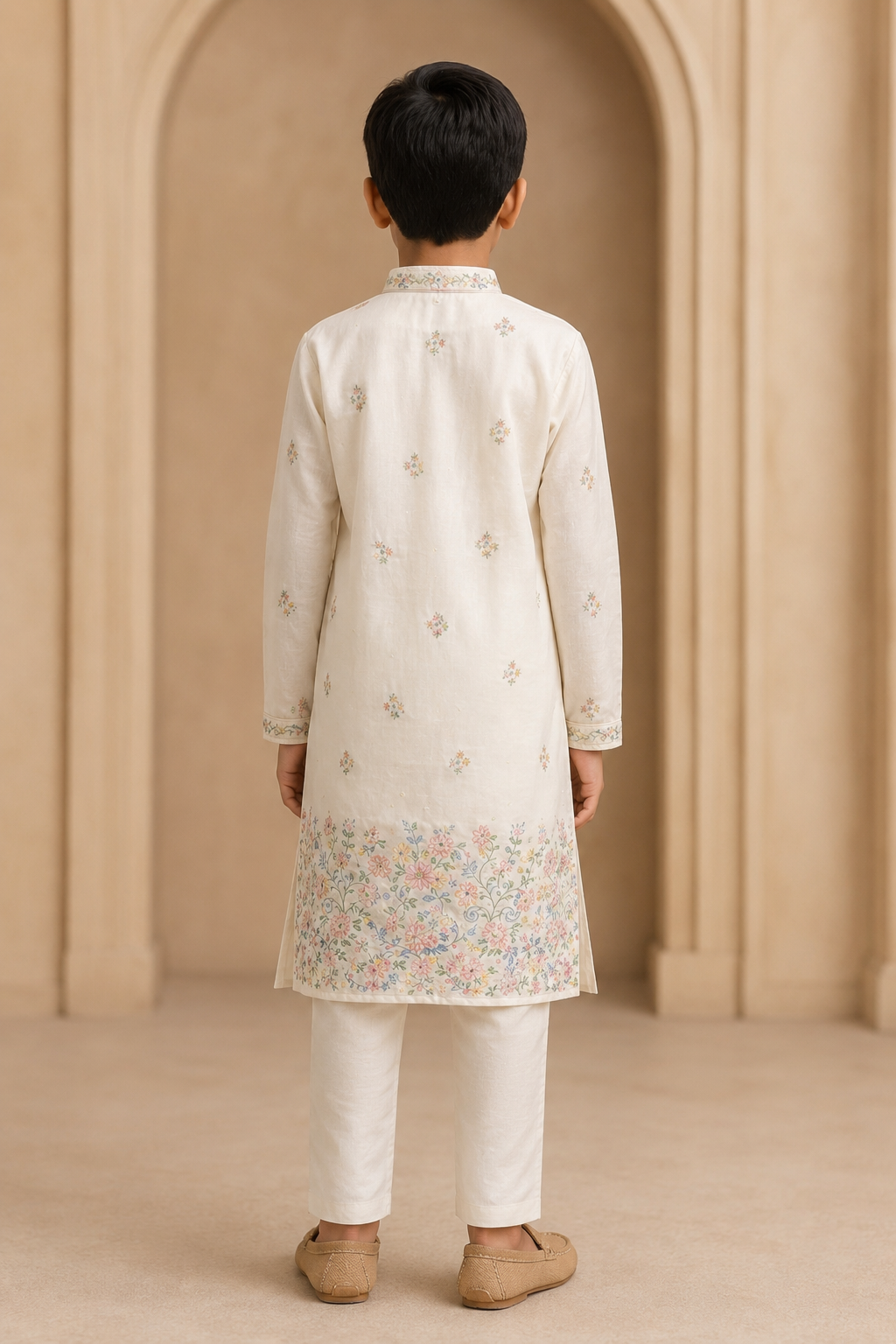 Boys Ivory Floral Embroidered kurta set rear view