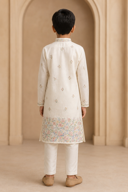 Boys Ivory Floral Embroidered kurta set rear view