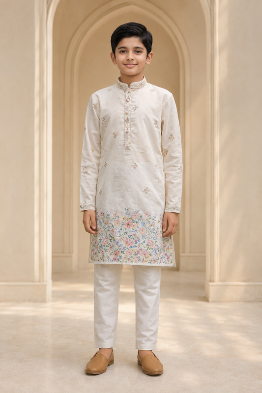 Boys Ivory Floral Embroidered kurta set front view