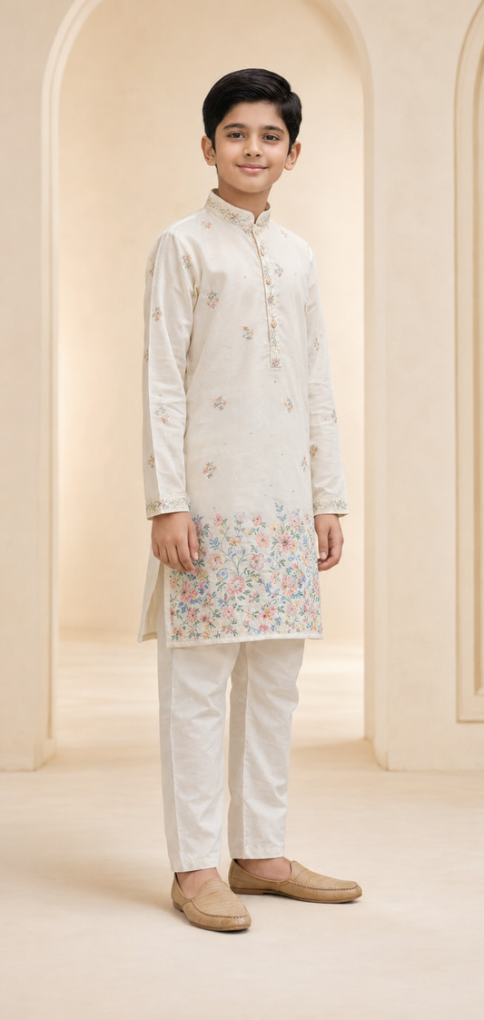 Boys Ivory Floral Embroidered kurta set side view