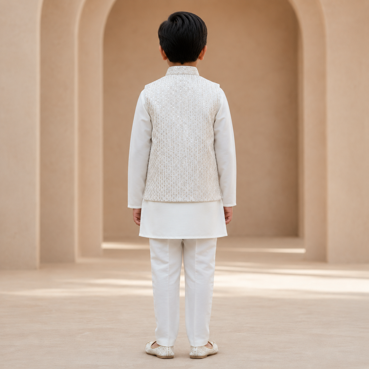 Boys Ivory Kurta Pyjama Set with Embellished Waistcoat - back view