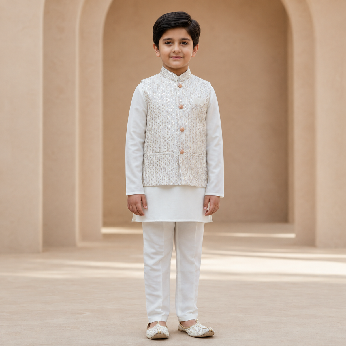 Boys Ivory Kurta Pyjama Set with Embellished Waistcoat - front view