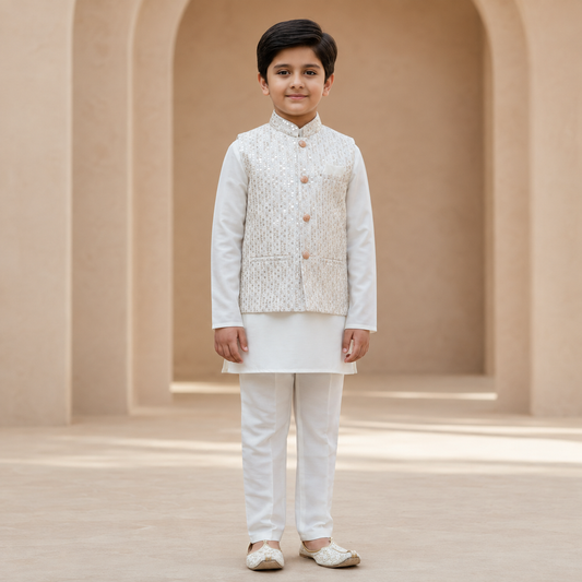 Boys Ivory Kurta Pyjama Set with Embellished Waistcoat - front view