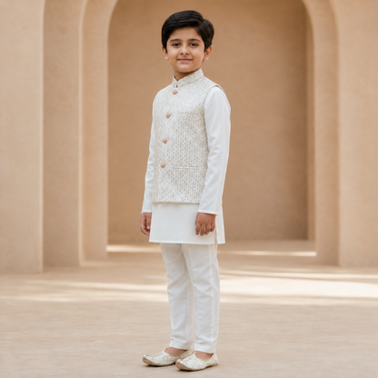 Boys Ivory Kurta Pyjama Set with Embellished Waistcoat - side view