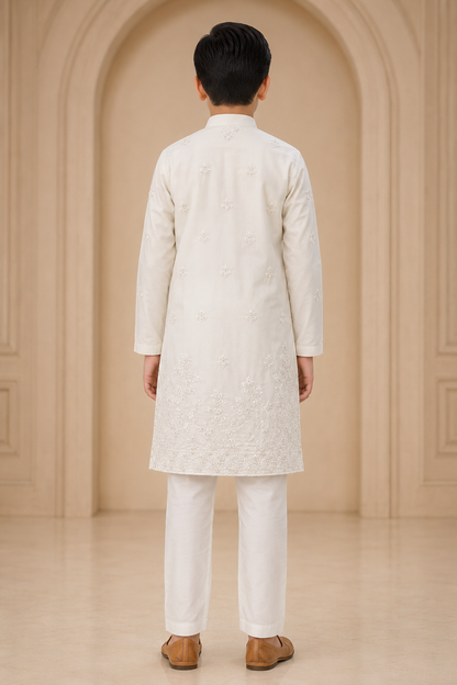 Boys Ivory Tonal Floral Embroidered kurta set rear view
