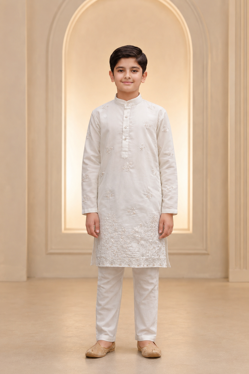 Boys Ivory Tonal Floral Embroidered kurta set front view
