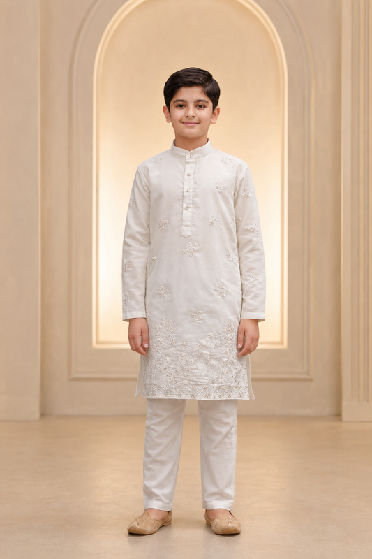 Boys Ivory Tonal Floral Embroidered kurta set front view