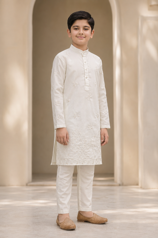Boys Ivory Tonal Floral Embroidered kurta set side view