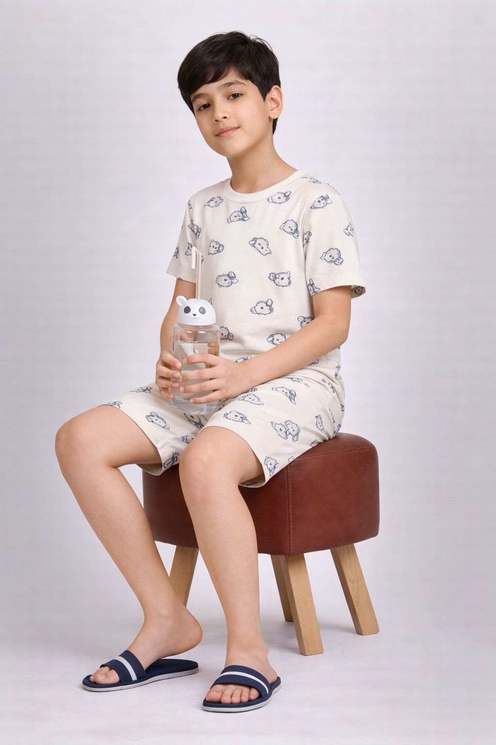 Boys ivory white animal print short night suit front view