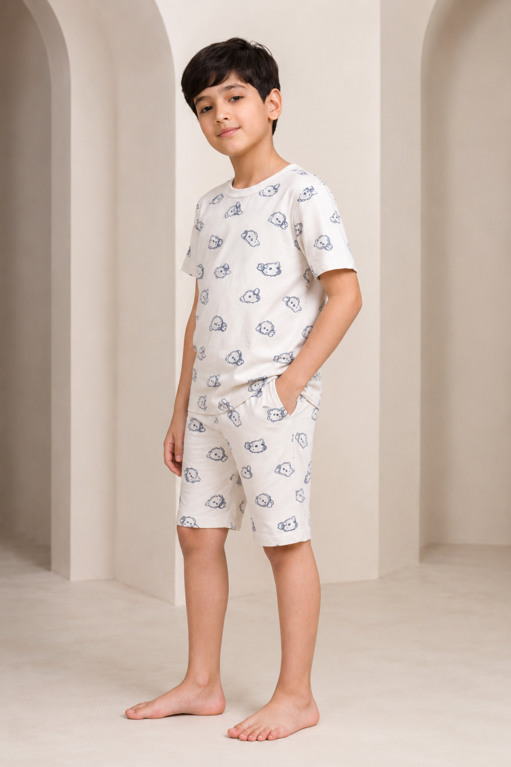 Boys ivory white animal print short night suit side view