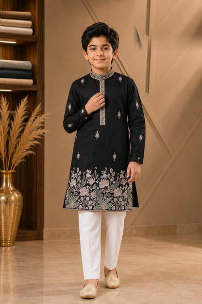 Boys embroidered kurta set in black with white trousers
