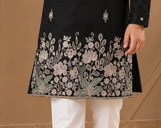 Black boys kurta embroidered hem detail