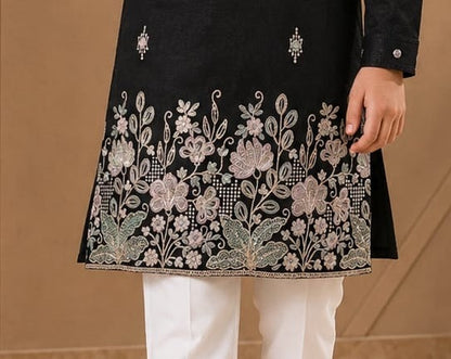 Black boys kurta embroidered hem detail
