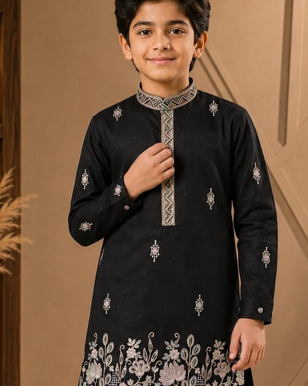 Black boys kurta collar and embroidery detail
