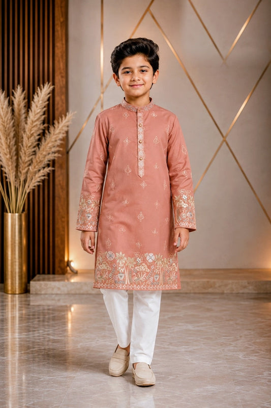 Boys embroidered kurta set in dusty rose with white trousers