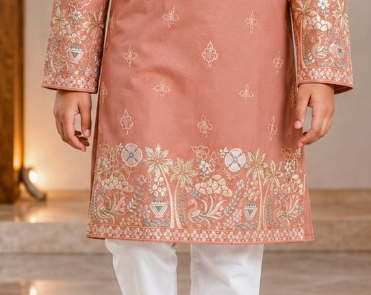Dusty rose boys kurta embroidered hem detail