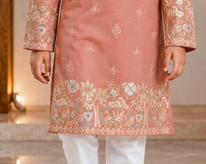 Dusty rose boys kurta embroidered hem detail