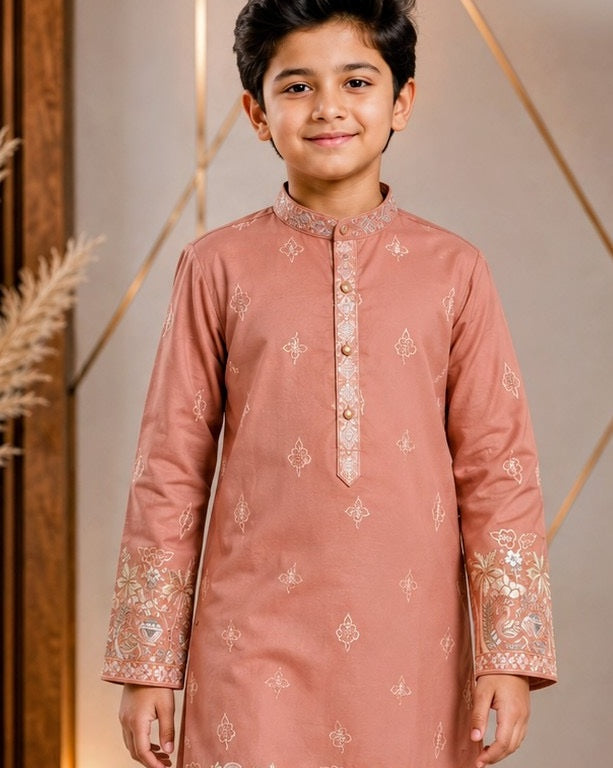 Dusty rose boys kurta collar and embroidery detail