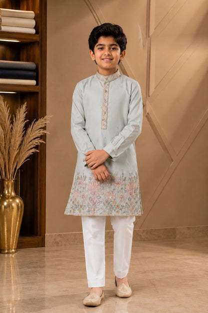 Boys embroidered kurta set in ice blue with white trousers