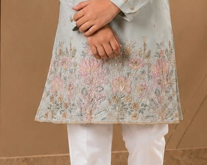 Ice blue boys kurta embroidered hem detail